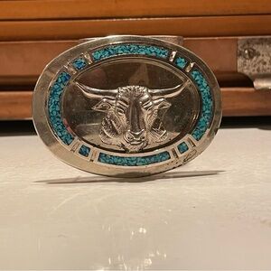Vintage Metal and Faux Turquoise Bull Belt Buckle (unisex)
